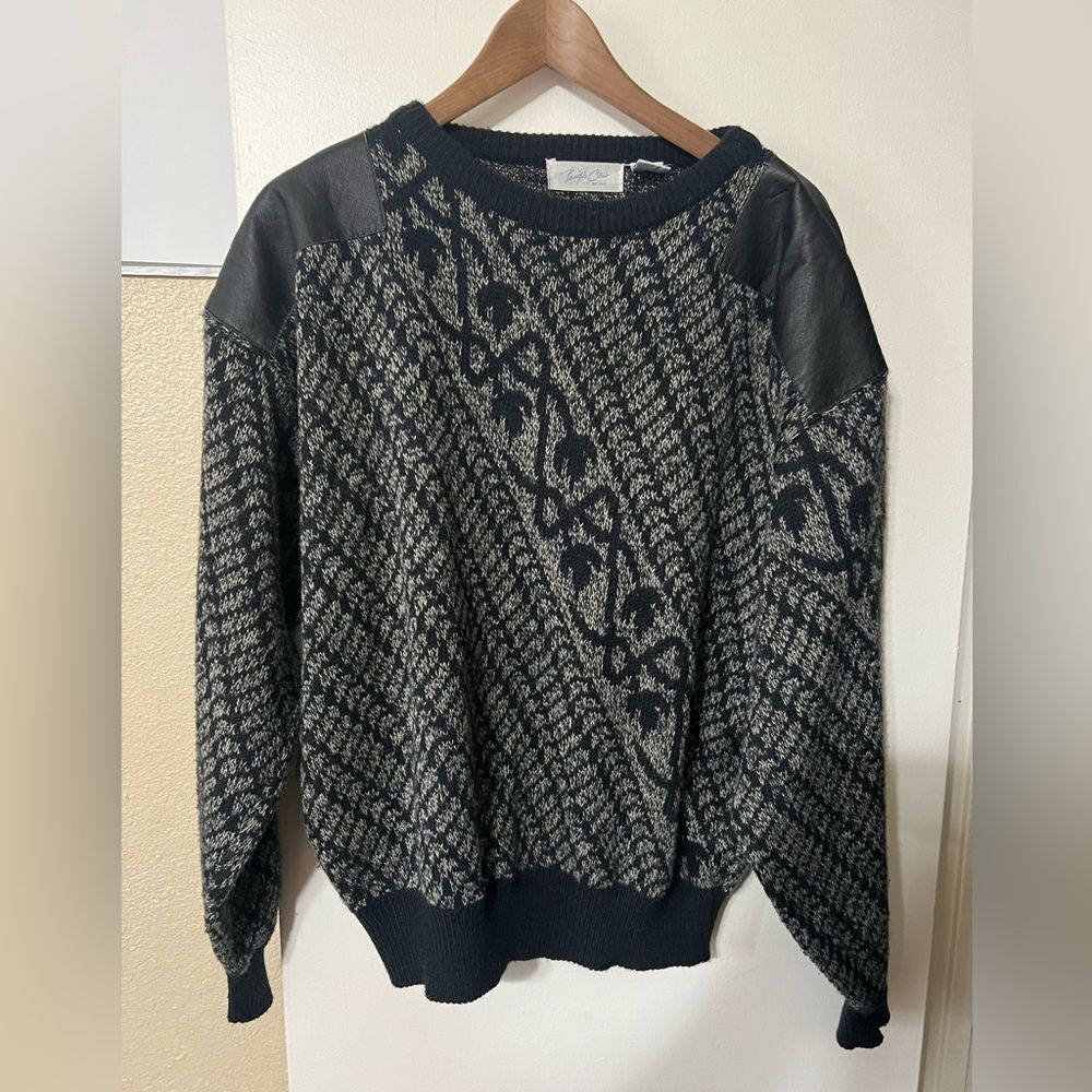 Pacific Club Women’s Vintage Wool Blend Sweater w/ Leather Trim SzL Grandmacore